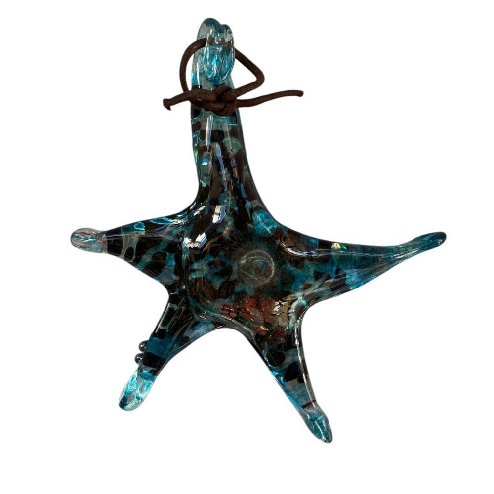 Christmas Handblown Glass Turquoise Glazed Brown Starfish Ornament New Condition